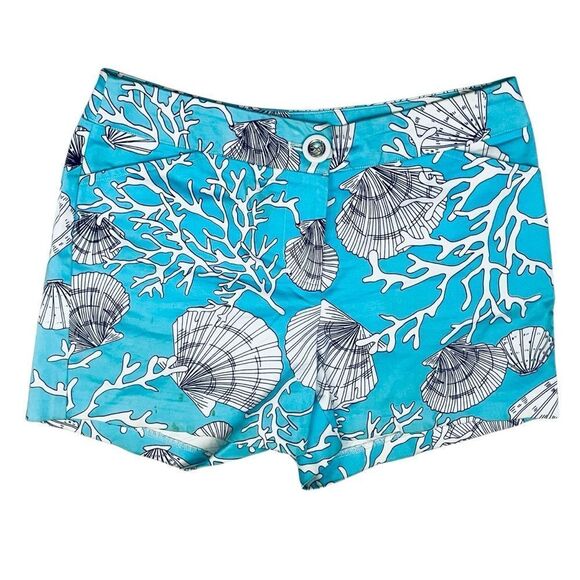 Skirtin Around Women’s Shorts Blue White Ocean Reef Shells Print Zip Sz 2 NWOT